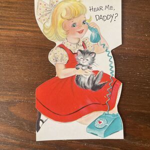 Vintage Anthropomorphic Girl Cat Glitter Rotary Father's Day Card Buzza Cardozo